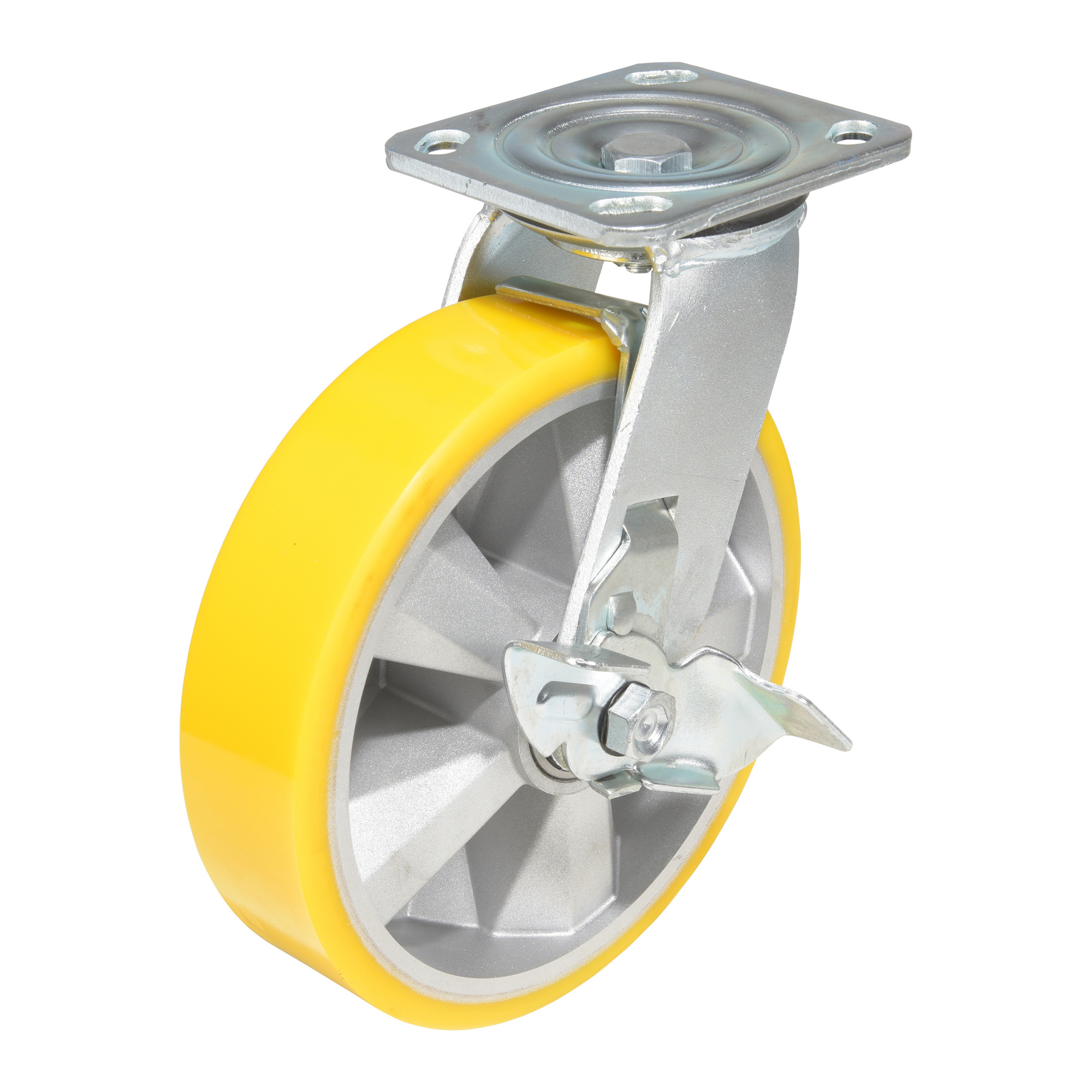 Vestil Polyurethane Swivel Caster with Brake - 8in. x 2in., Yellow, Non-Marking, Model# CST-PY-8X2PUA-SWB